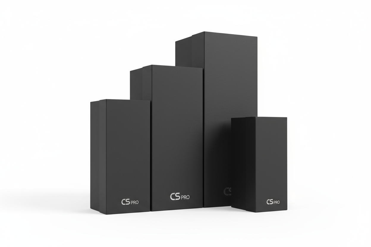 Create picture with multiple boxes with branding. Position bottom right. In white background. Boxes are in vertical position