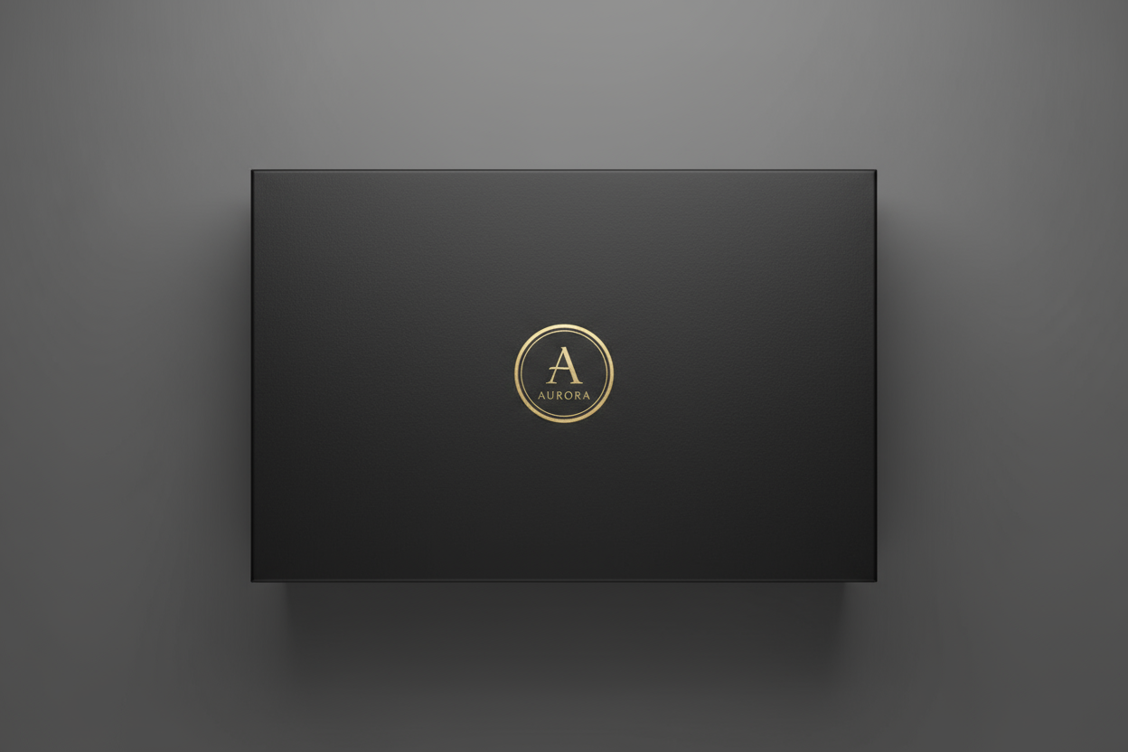 Magnetic Black Gift Box with brand label. Top view of box. Label in top flap in centre