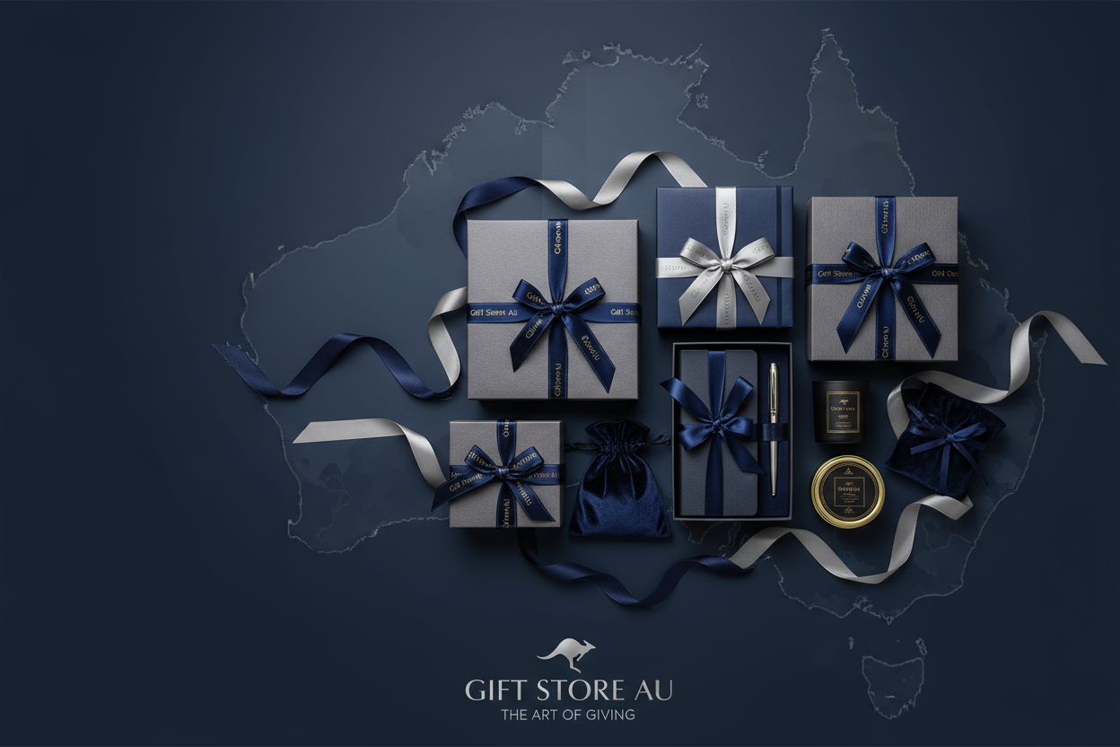 Promote Your Brand in Gifts. Use Gift Store AU for branding. Color theme to be Navy Blue and Grey