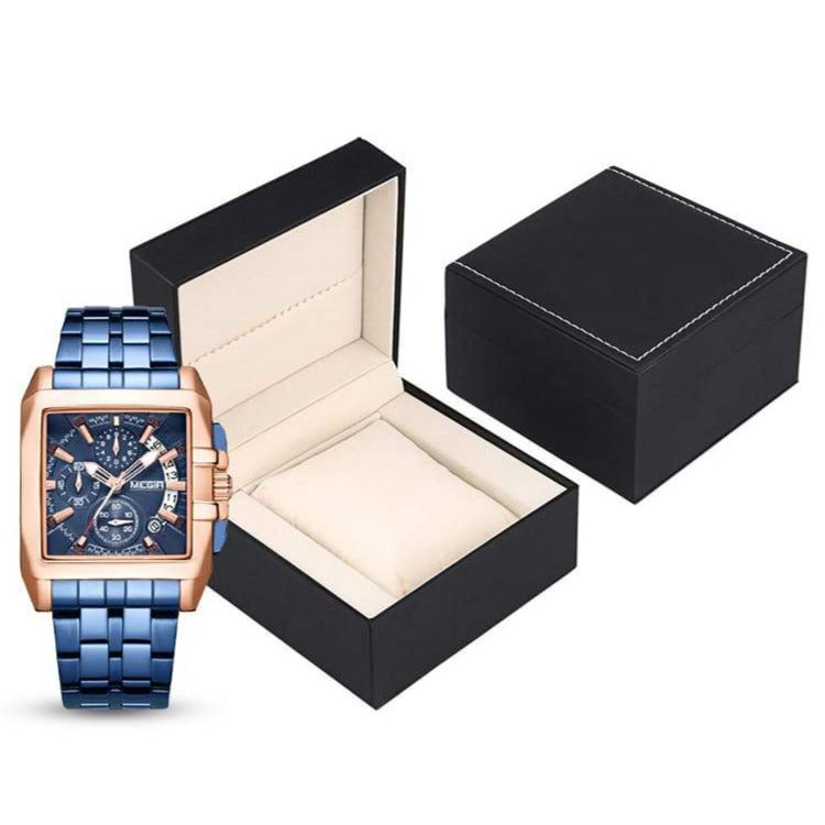 MEN'S STAINLESS STEEL SQUARE BLUE QUARTZ WATCH