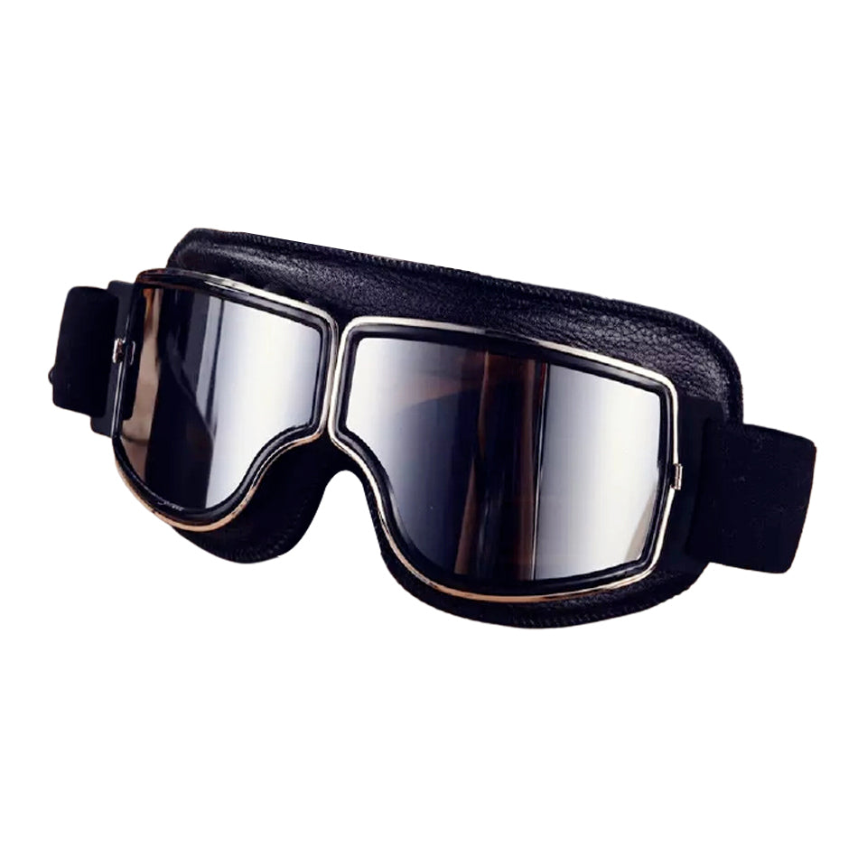 MOTORCYCLE RETRO BLACK SILVER TINTED LENS GOGGLE