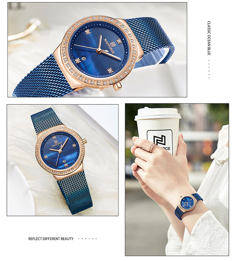 Ladies Stainless Steel Blue Crystal Dial Quartz Wrist Watch