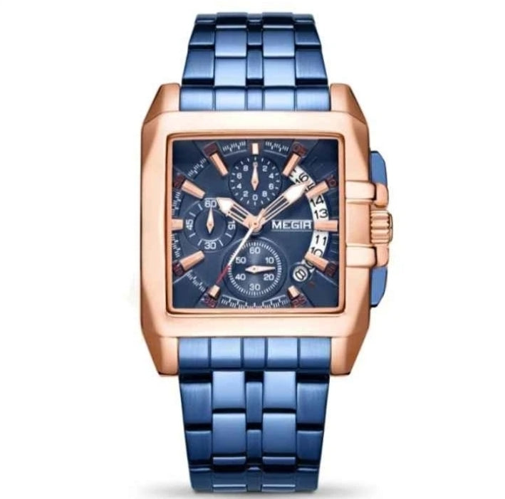 MEN'S STAINLESS STEEL SQUARE BLUE QUARTZ WATCH