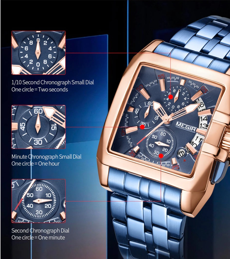 MEN'S STAINLESS STEEL SQUARE BLUE QUARTZ WATCH