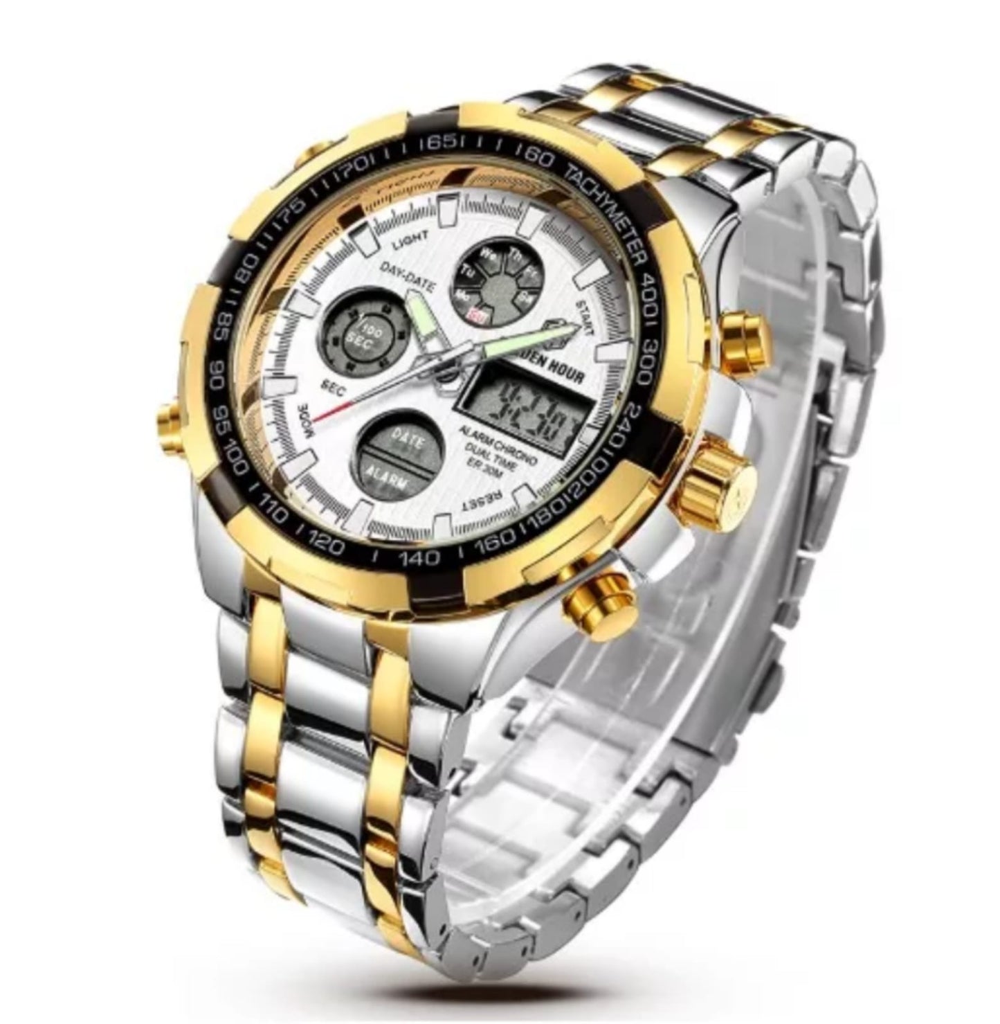 MEN'S STAINLESS STEEL SILVER GOLDEN WHITE WATCH