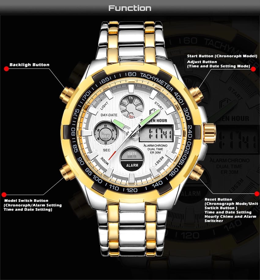 MEN'S STAINLESS STEEL SILVER GOLDEN WHITE WATCH