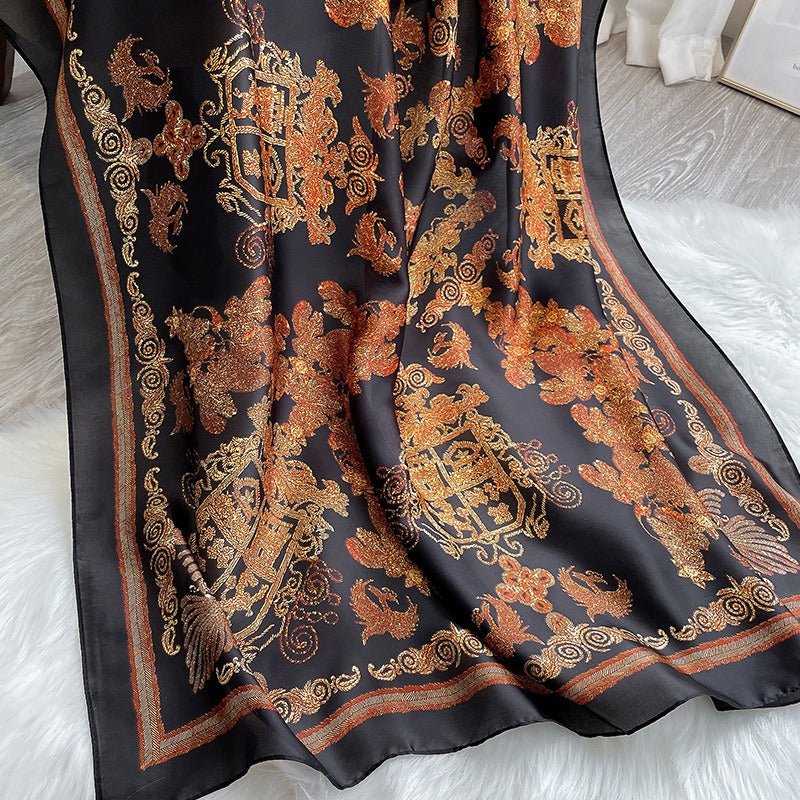 Designer Black Printed Satin Silk Scarf