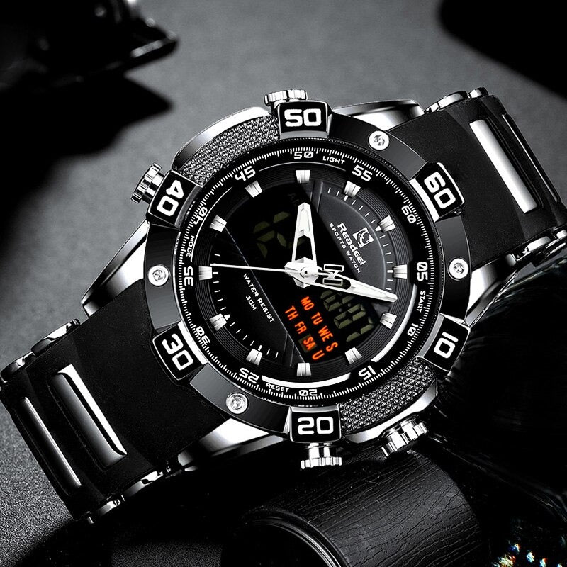 Men's Digital Quartz Chronograph Silver Black Watch