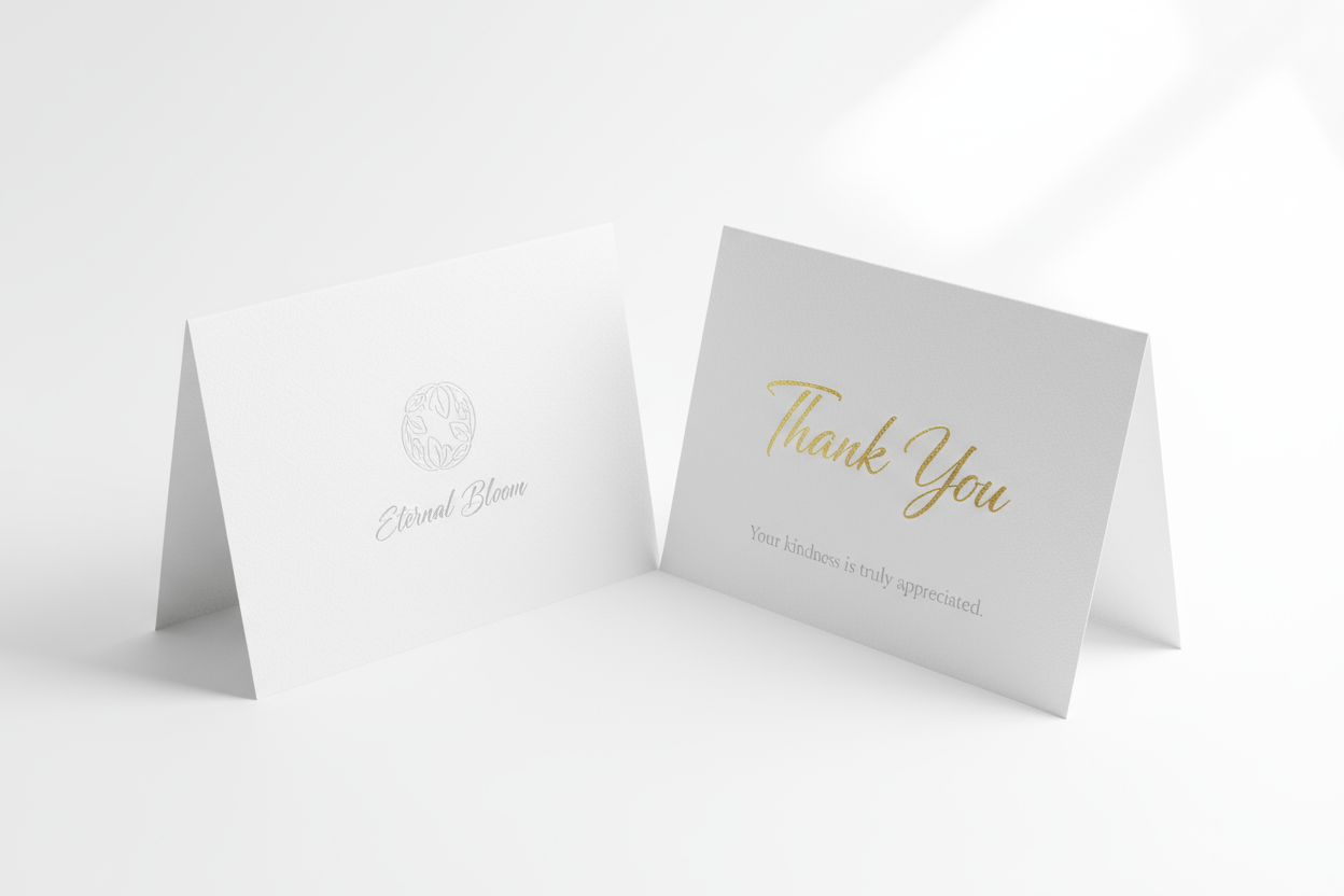 Branded greeting and thank you card. In white color and show inside of card. Card should be in single flap