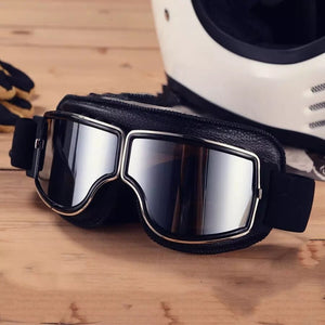 Retro Motorbike Motocross Horse Riding Black Leather UV Protected Goggles - Free Shipping
