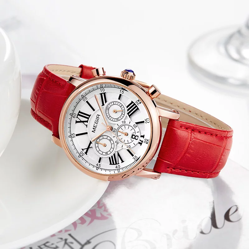 Ladies Fashion Red Leather Quartz Waterproof Wristwatch - Free Shipping