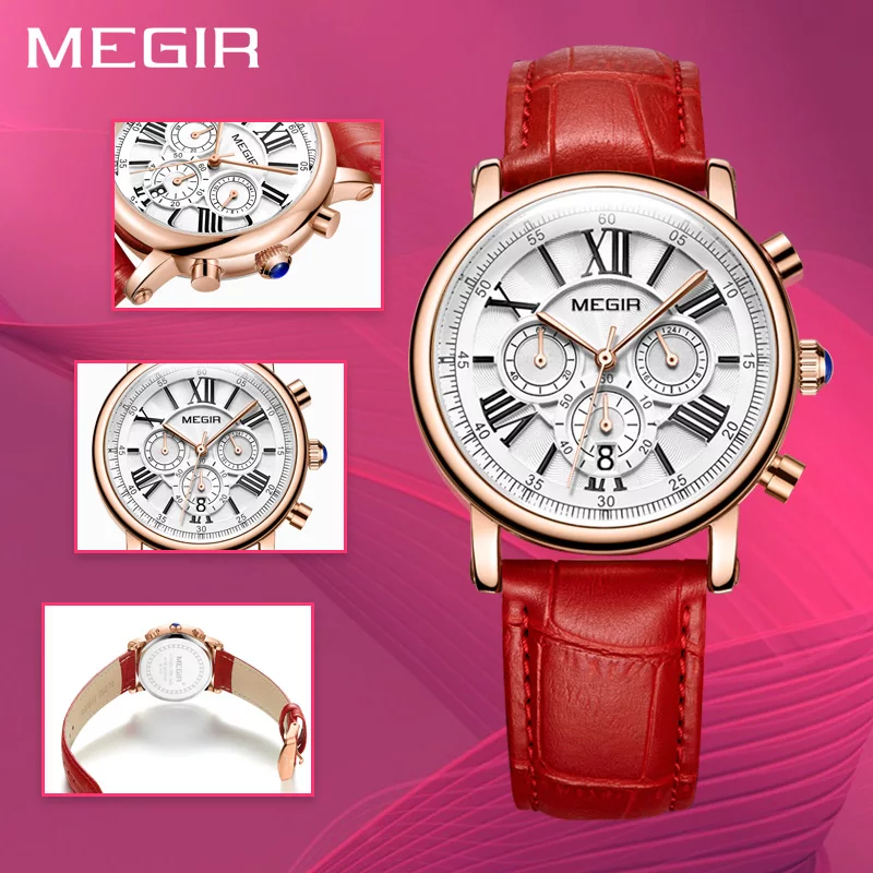 Ladies Fashion Red Leather Quartz Waterproof Wristwatch - Free Shipping
