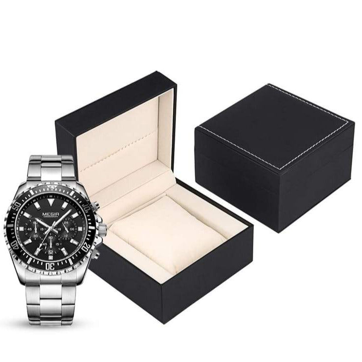 MEN'S LUXURY STAINLESS STEEL SILVER BLACK QUARTZ WATCH