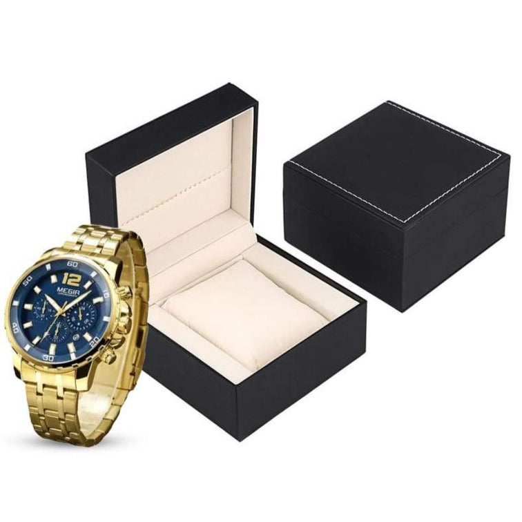 MEN'S LUXURY STAINLESS STEEL GOLDEN BLUE QUARTZ WATCH