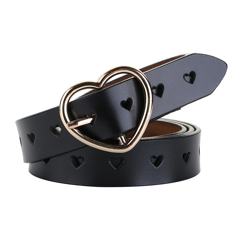 Ladies Black Heart Buckle Leather Belt