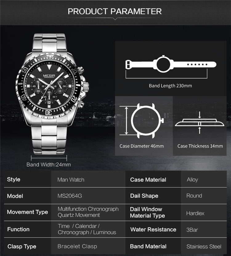 MEN'S LUXURY STAINLESS STEEL SILVER BLACK QUARTZ WATCH