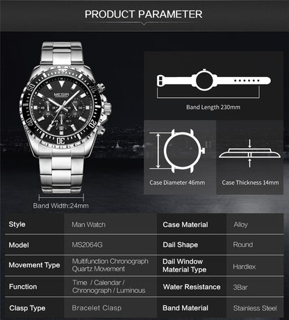 MEN'S LUXURY STAINLESS STEEL SILVER BLACK QUARTZ WATCH