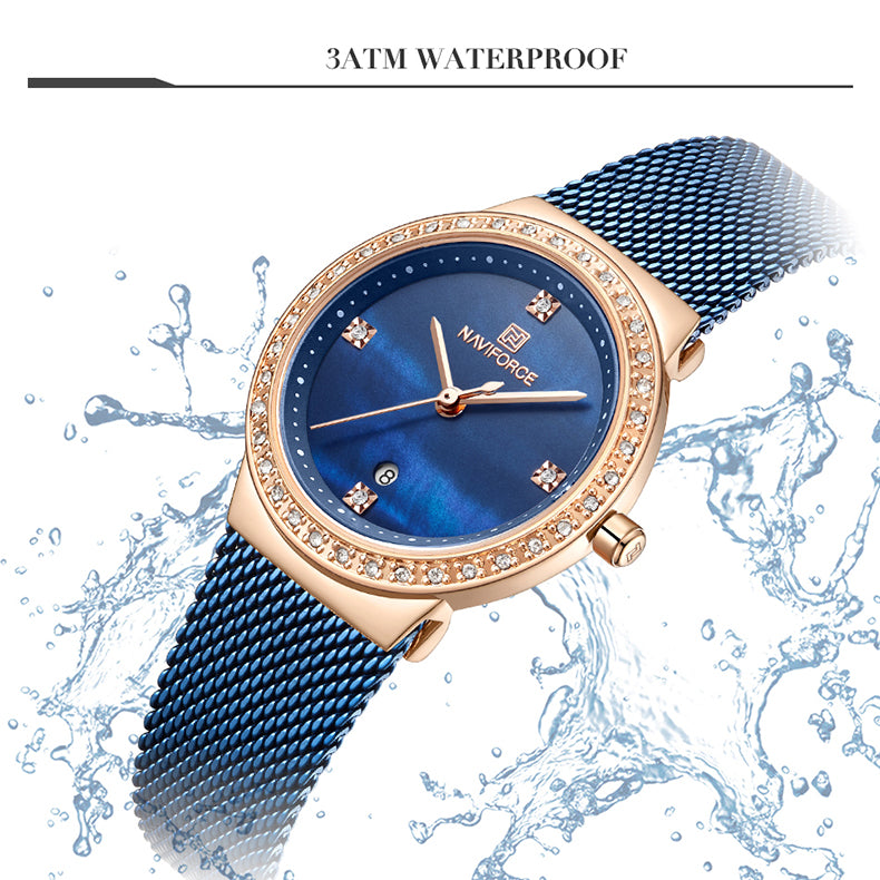 Ladies Stainless Steel Blue Crystal Dial Quartz Wrist Watch
