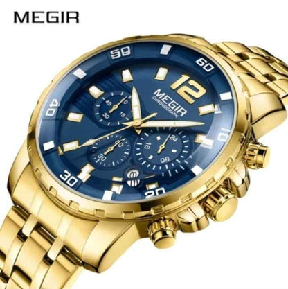 MEN'S LUXURY STAINLESS STEEL GOLDEN BLUE QUARTZ WATCH