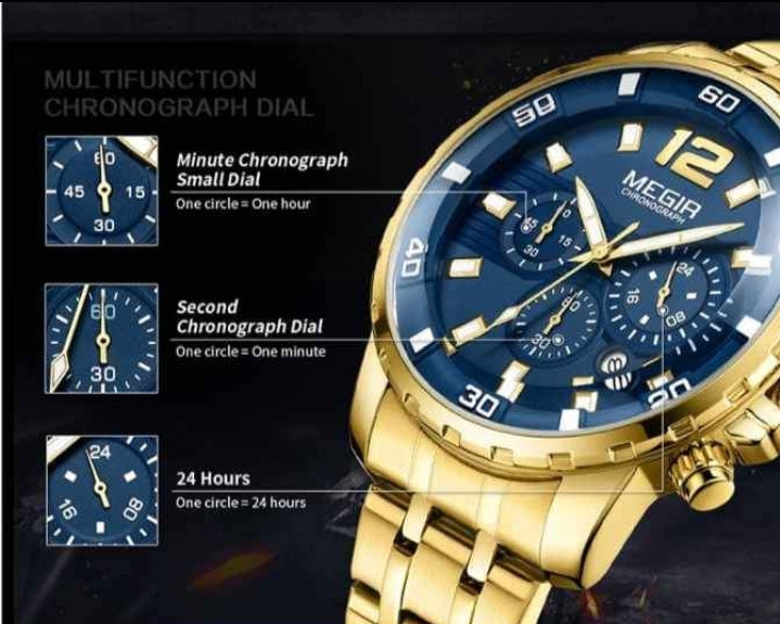 MEN'S LUXURY STAINLESS STEEL GOLDEN BLUE QUARTZ WATCH