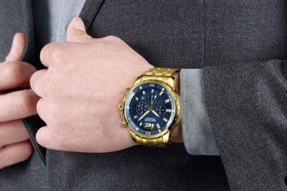 MEN'S LUXURY STAINLESS STEEL GOLDEN BLUE QUARTZ WATCH