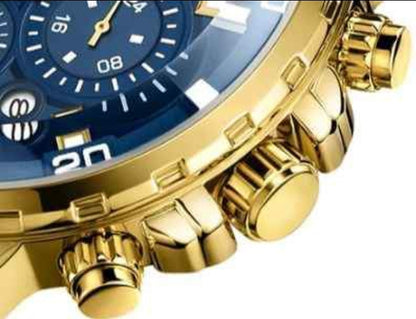MEN'S LUXURY STAINLESS STEEL GOLDEN BLUE QUARTZ WATCH