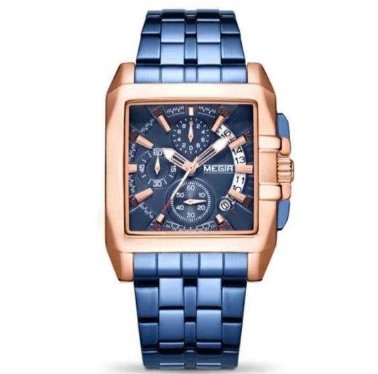 MEN'S STAINLESS STEEL SQUARE BLUE QUARTZ WATCH