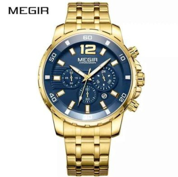 MEN'S LUXURY STAINLESS STEEL GOLDEN BLUE QUARTZ WATCH