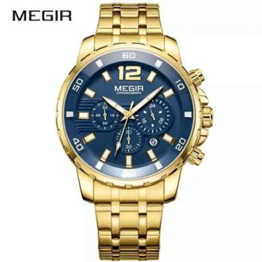 MEN'S LUXURY STAINLESS STEEL GOLDEN BLUE QUARTZ WATCH