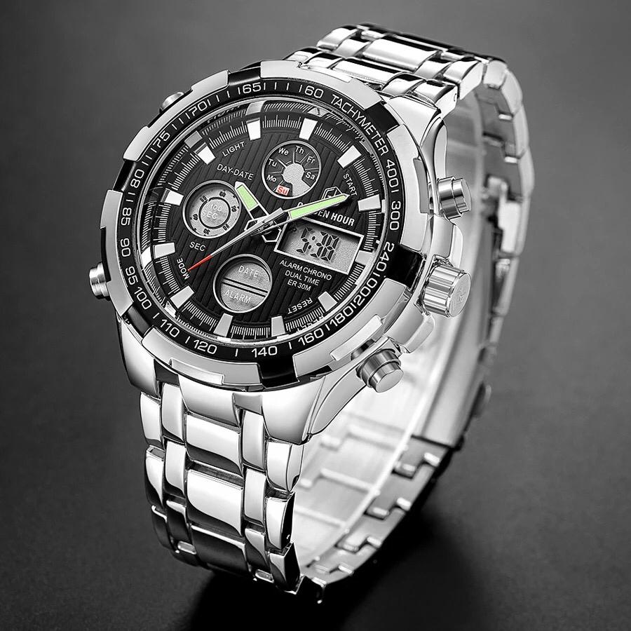 Men's Luxury SS Silver Black Quartz Waterproof Wristwatch - Free Shipping