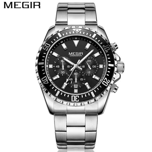 MEN'S LUXURY STAINLESS STEEL SILVER BLACK QUARTZ WATCH