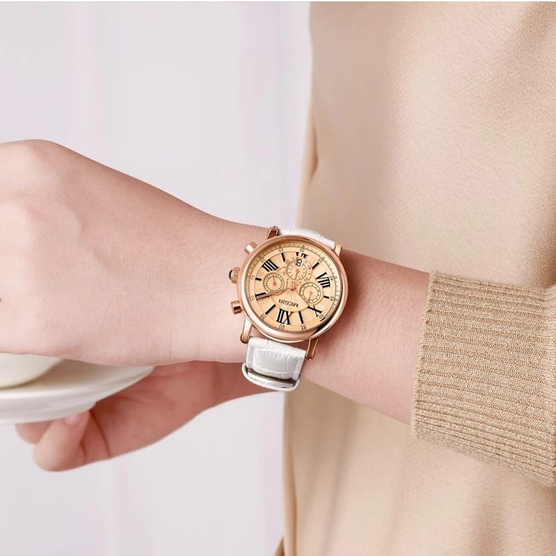 Ladies Fashion White Leather Quartz Waterproof Wristwatch - Free Shipping