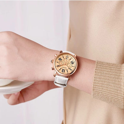 Ladies Fashion White Leather Quartz Waterproof Wristwatch - Free Shipping