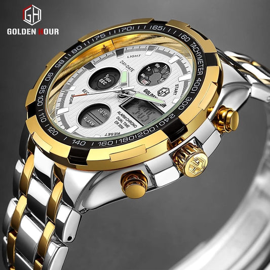 Men Watch Stainless Steel Silver Gold Quartz
