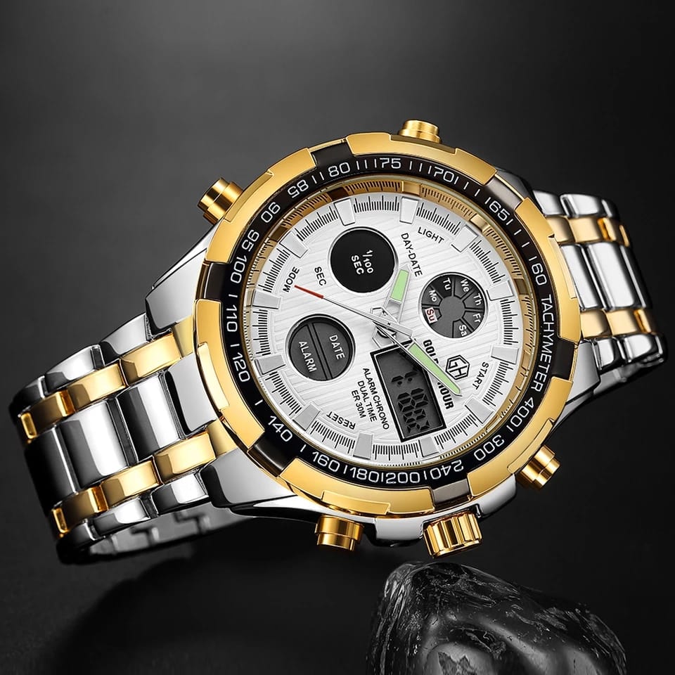MEN'S STAINLESS STEEL SILVER GOLDEN WHITE WATCH