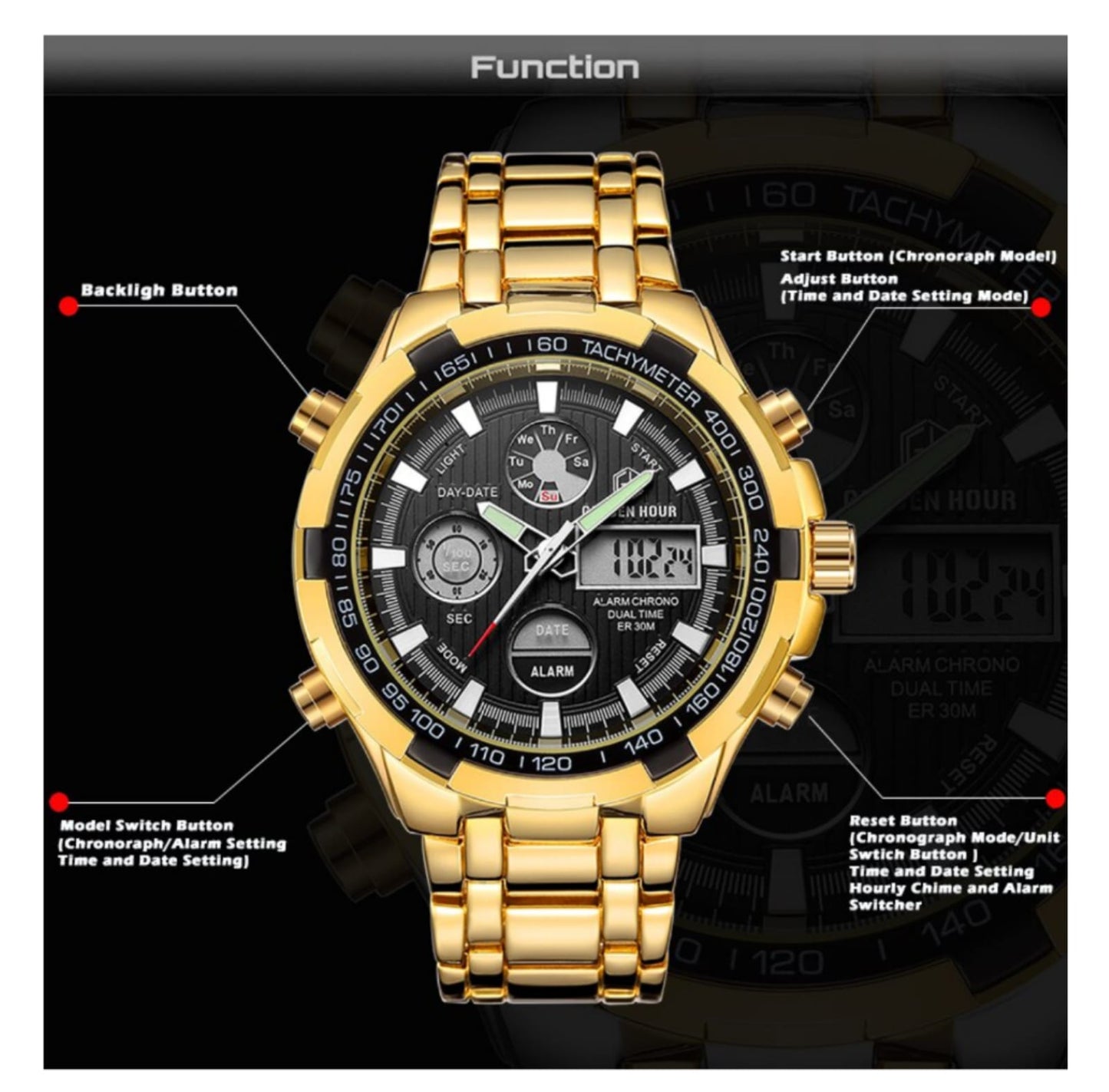 Men's Stainless Steel Golden Black Quartz Watch