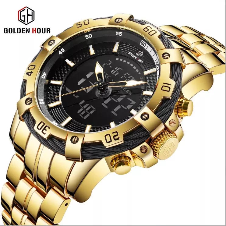 Men's Stainless Steel Golden Black Dual Display Quartz Watch