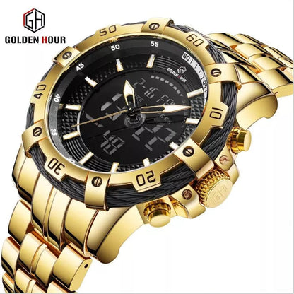 Men's Stainless Steel Golden Black Dual Display Quartz Watch