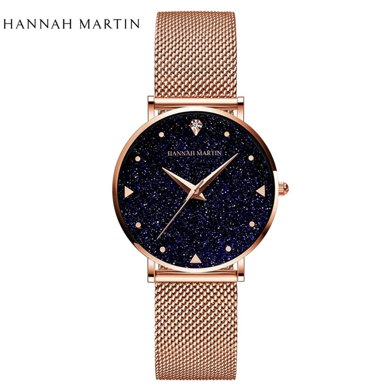 Ladies Stainless Steel Rose Gold Starry Sky Dial Quartz Wrist Watch