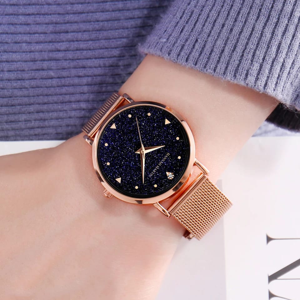Ladies Stainless Steel Rose Gold Starry Sky Dial Quartz Wrist Watch