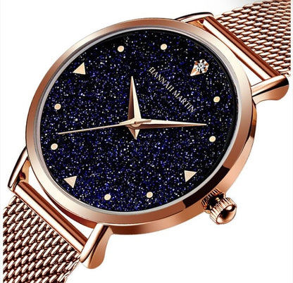 Ladies Stainless Steel Rose Gold Starry Sky Dial Quartz Wrist Watch