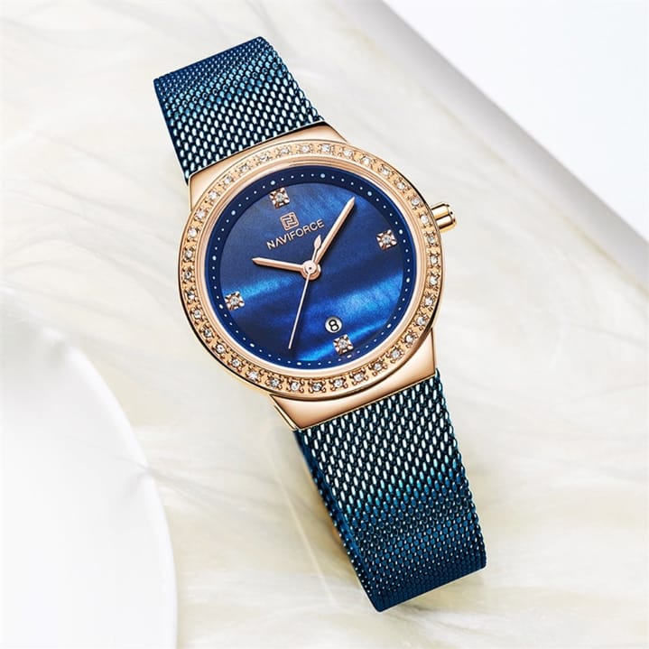 Ladies Stainless Steel Blue Crystal Dial Quartz Wrist Watch