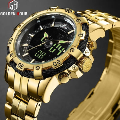 Men's Stainless Steel Golden Black Dual Display Quartz Watch