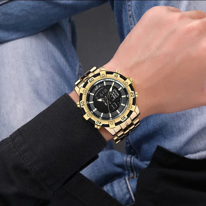 Men's Stainless Steel Golden Black Dual Display Quartz Watch