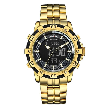 Men's Stainless Steel Golden Black Dual Display Quartz Watch