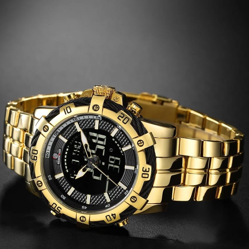Men's Stainless Steel Golden Black Dual Display Quartz Watch