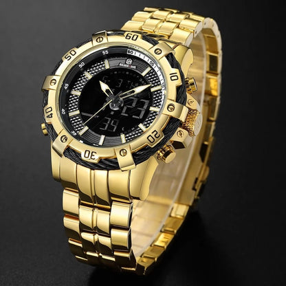 Men's Stainless Steel Golden Black Dual Display Quartz Watch