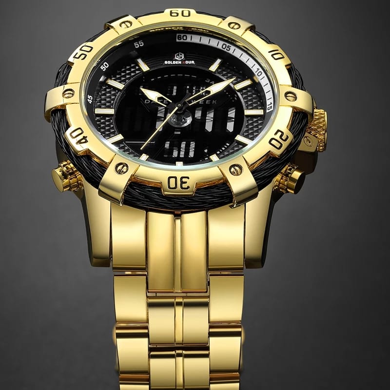 Men's Stainless Steel Golden Black Dual Display Quartz Watch