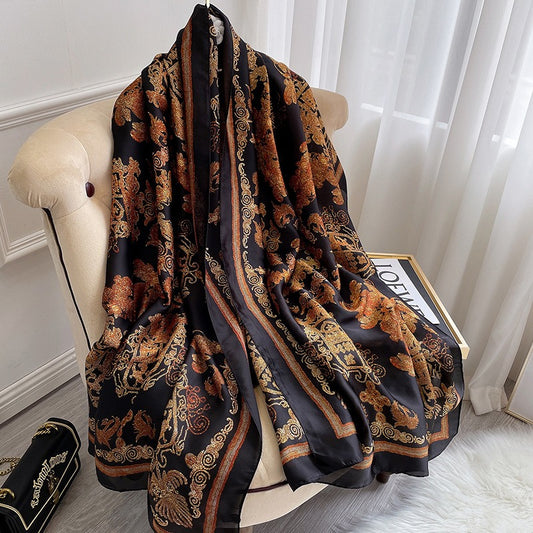 Designer Black Printed Satin Silk Scarf