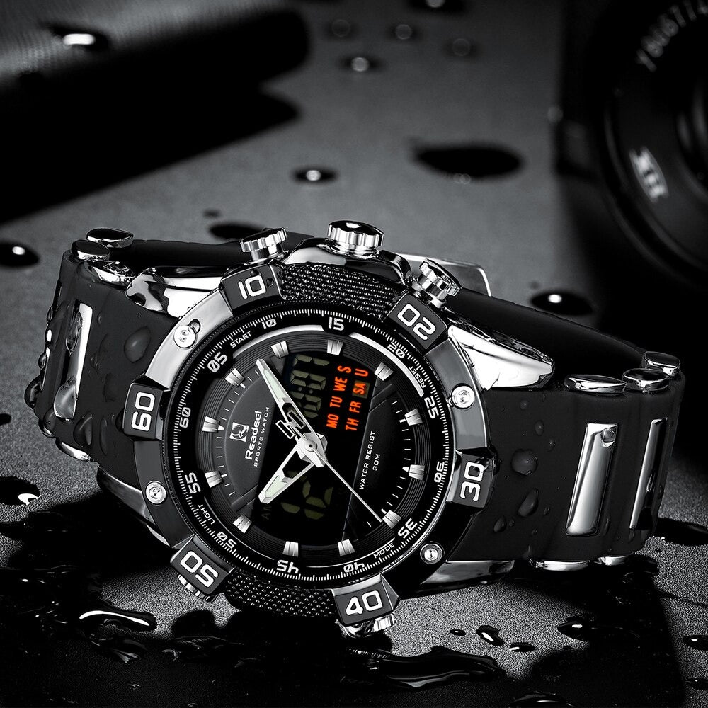 Men's Digital Quartz Chronograph Silver Black Watch